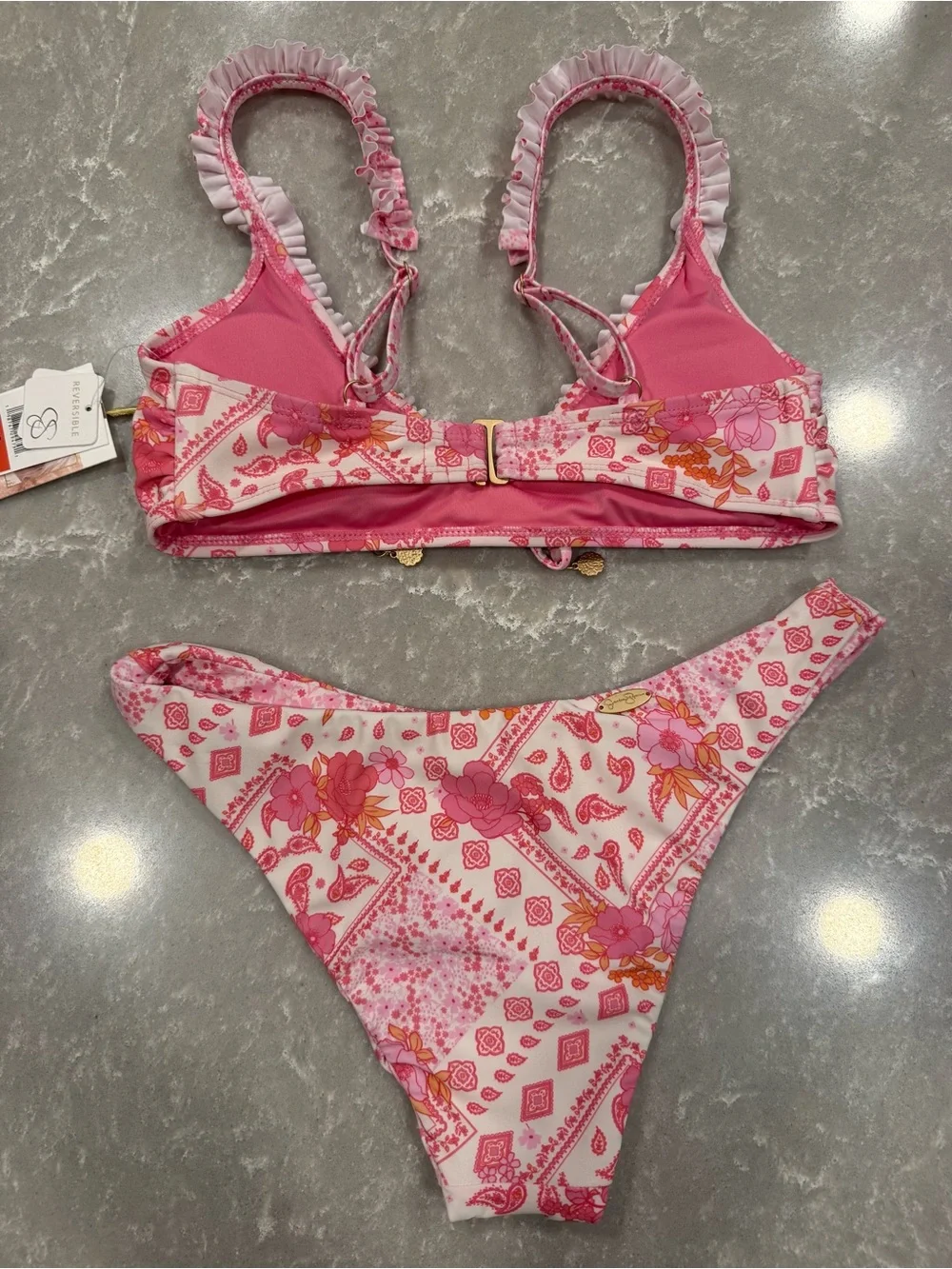 Jessica Simpson Reversible Pink White Floral Ruffle Bikini Set XS NWT